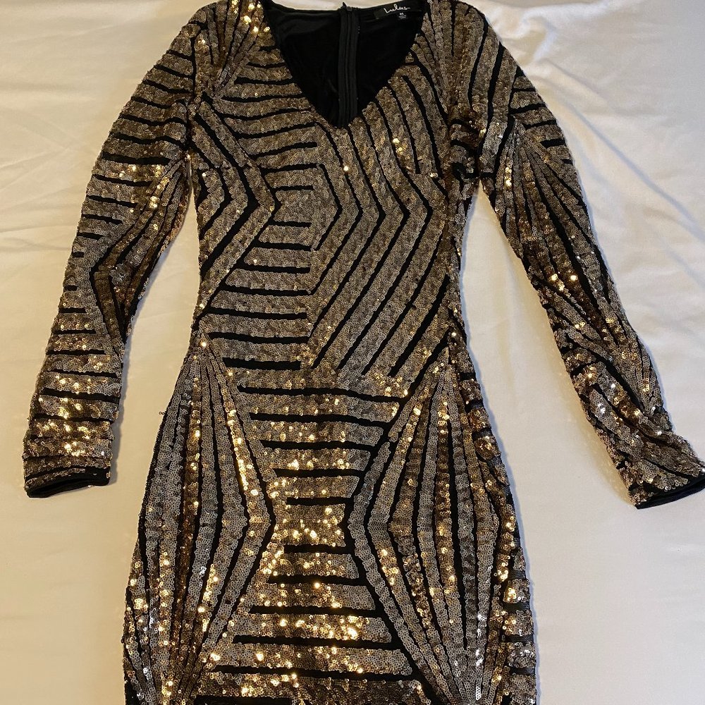 Lulus Black & Gold Long Sleeve Mini Dress | Size: M
